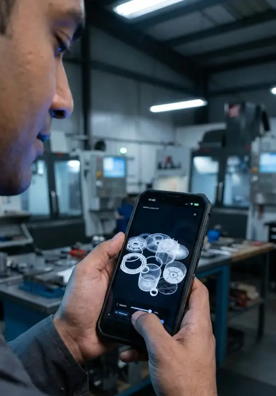 A mold engineer in a machine shop looking closely at a phone showing a 3D part.