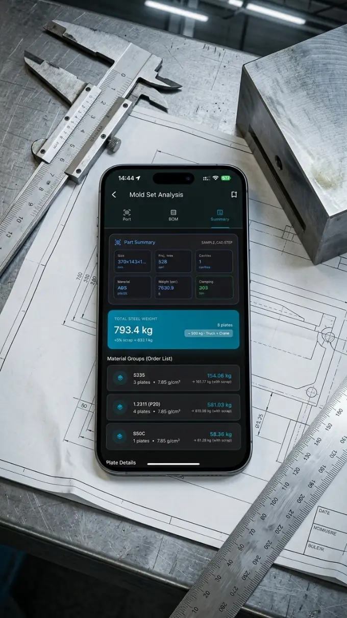 A phone on a workbench showing the MoldCalc Pro mold set summary, next to a caliper, a steel plate, and a technical drawing.
