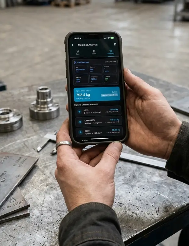 An engineer on the shop floor holding a phone that shows the MoldCalc Pro mold set summary with total steel weight and material groups.