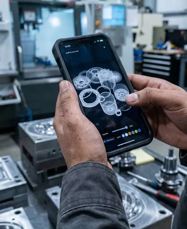Hands holding a phone in a machine shop, showing a STEP part in the MoldCalc Pro 3D wireframe viewer.