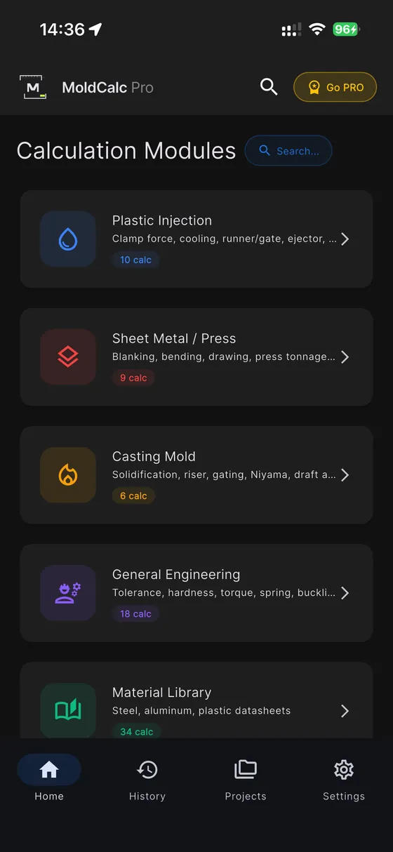 MoldCalc Pro — Hesap modülleri