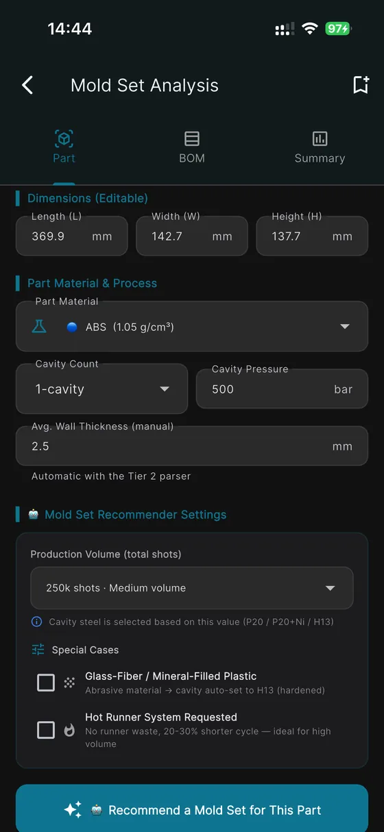 MoldCalc Pro — Parça girdileri